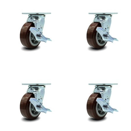 Service Caster 5 Inch Polyurethane Caster Set with Ball Bearings and Brake/Swivel Lock SCC SCC-30CS520-PPUB-TLB-BSL-4